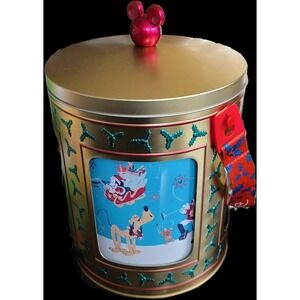 2023 Disney Parks Holidays Mickey Gold Musical Rotating Tin Popcorn Bucket EC